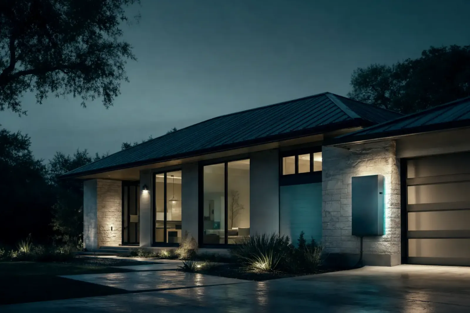 A modern Texas home at dusk with the interior lights on and a wall-mounted home battery.